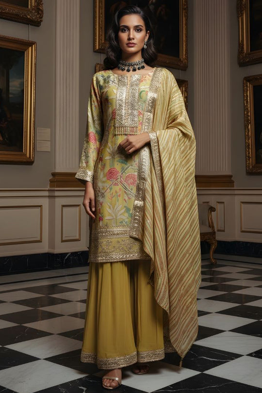 Olive Green Hand-Embroidered Sharara Set with Floral Motifs