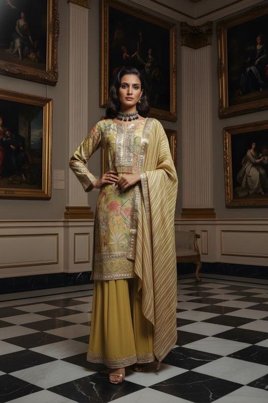 Olive Green Hand-Embroidered Sharara Set with Floral Motifs