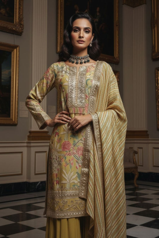 Olive Green Hand-Embroidered Sharara Set with Floral Motifs