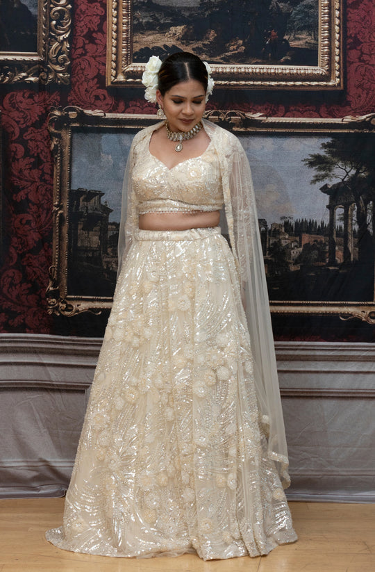 Esha – Ivory Pearl Hand-Embroidered Lehenga