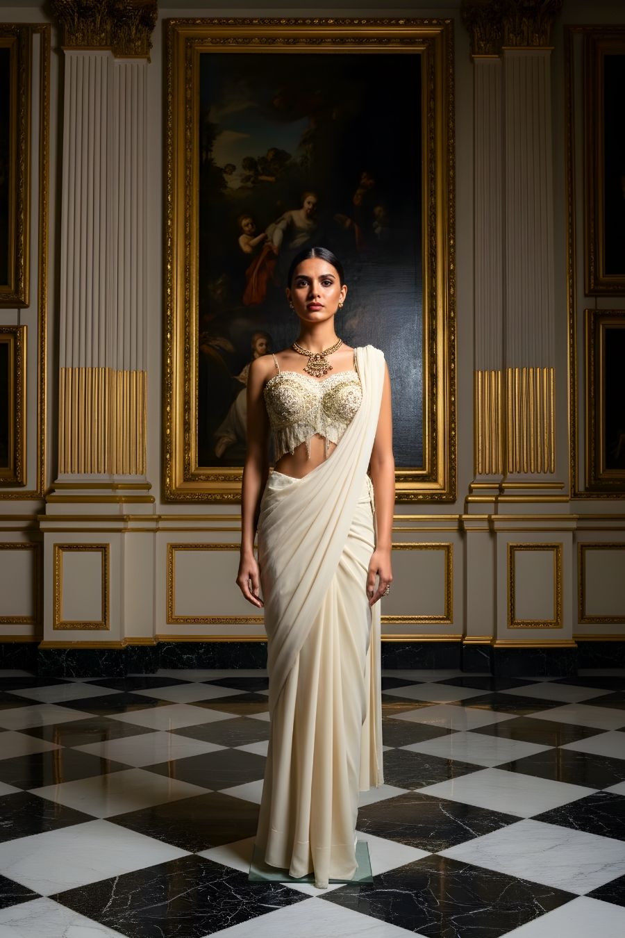 Off-White Pre-Draped Saree with Heavily Embroidered Bustier