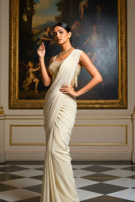 Off-White Pre-Draped Saree with Heavily Embroidered Bustier