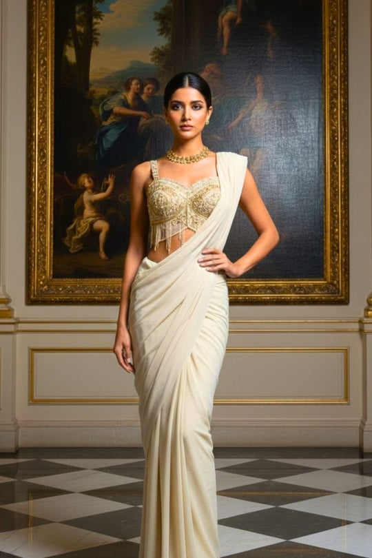 Off-White Pre-Draped Saree with Heavily Embroidered Bustier