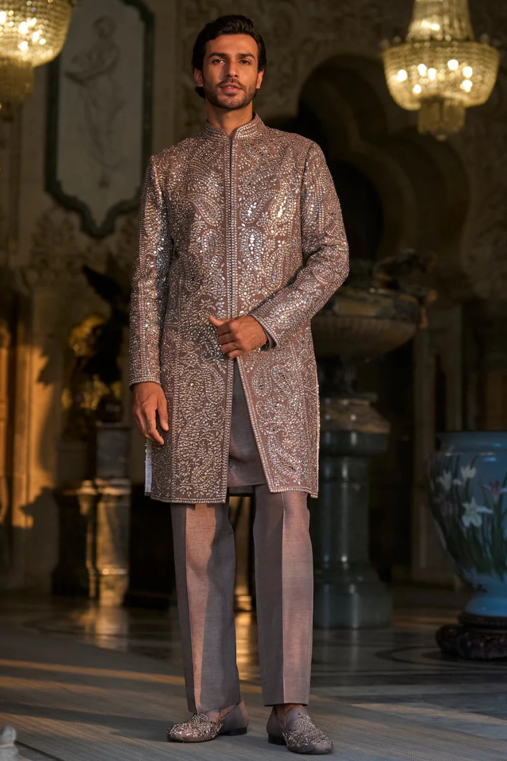 Seema Gujral - Stone Grey Mirror Work Sherwani Set