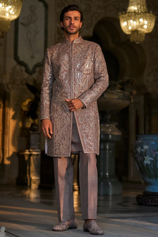 Seema Gujral - Stone Grey Mirror Work Sherwani Set