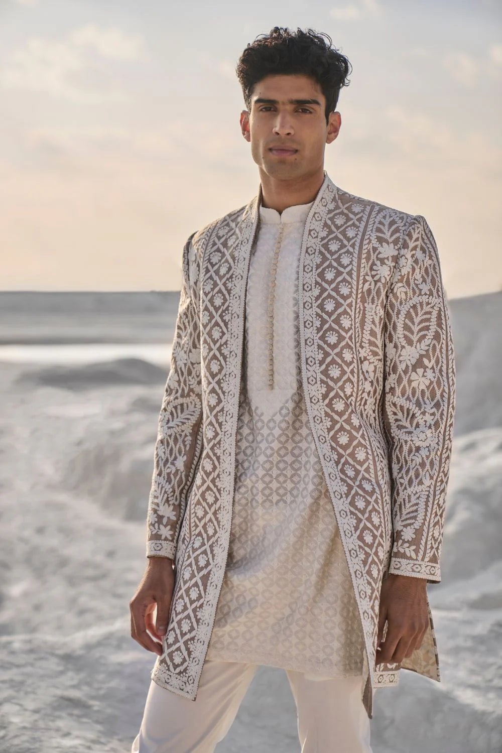 Seema Gujral - Ishaan Khatter in Nude Cream Open Sherwani Set