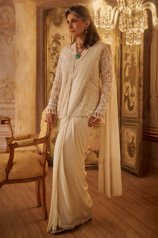 Seema Gujral - Pearl Jacket Saree Set