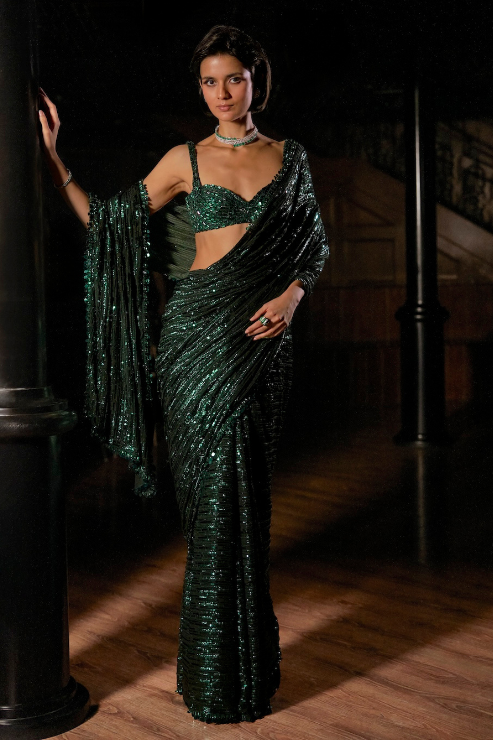 Seema Gujral - Emerald Green Sequin Georgette Saree