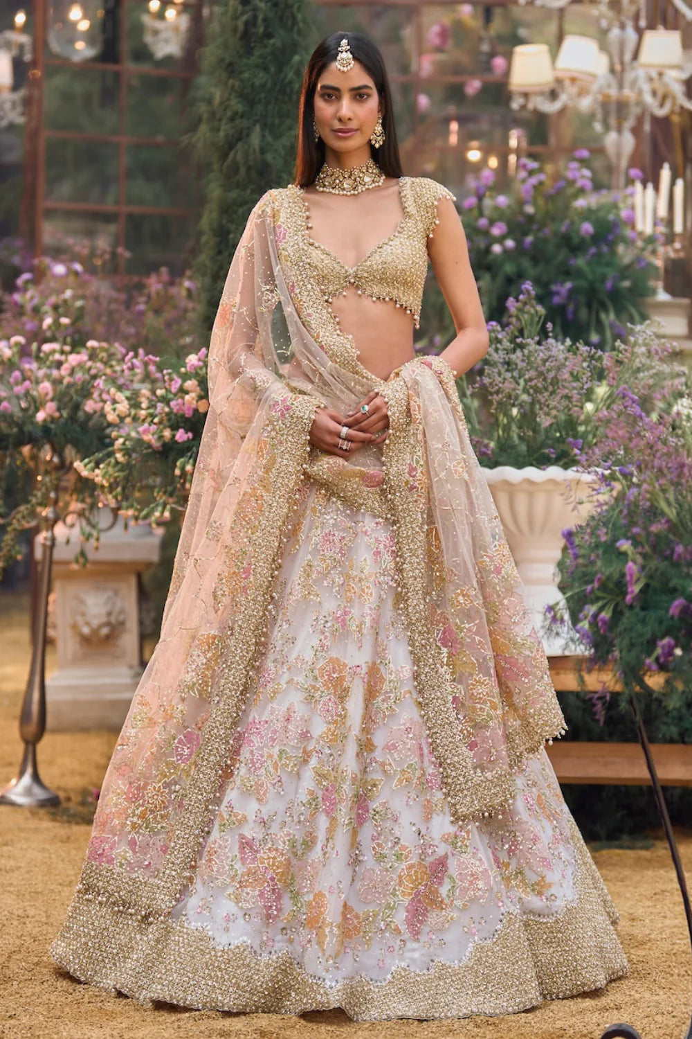 Seema Gujral - Cream Gold Floral Lehenga Set