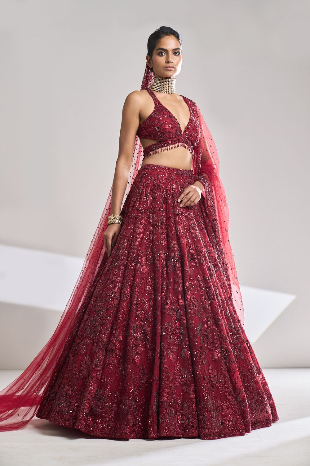 Seema Gujral - Maroon Sequin Lehenga Set