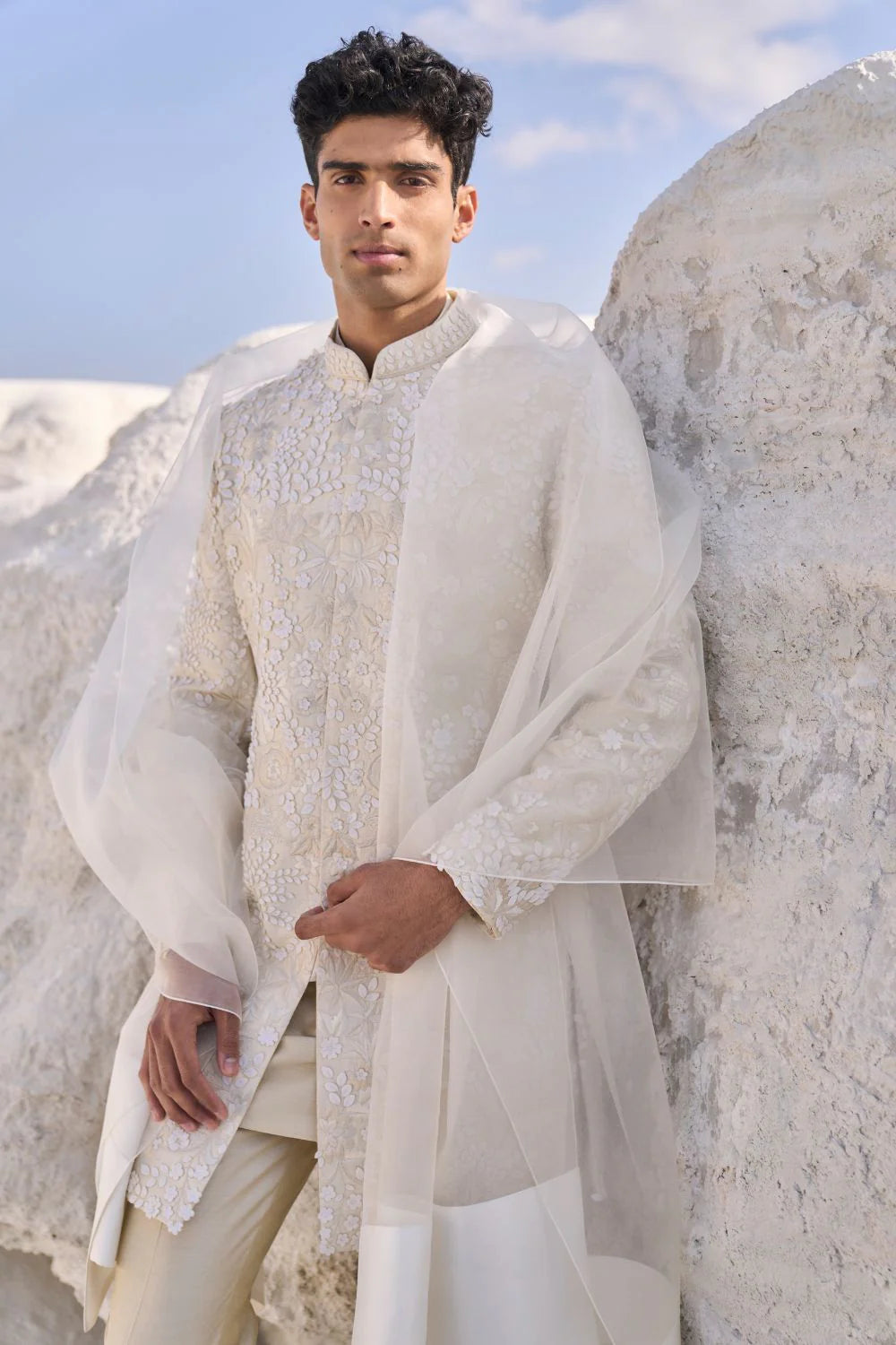 Seema Gujral - Cream Three Dimensional Floral Sherwani Set