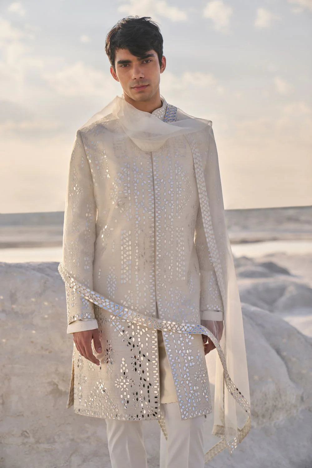 Seema Gujral - Off-White Mirror Work Sherwani Set