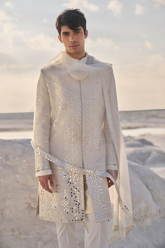 Seema Gujral - Off-White Mirror Work Sherwani Set