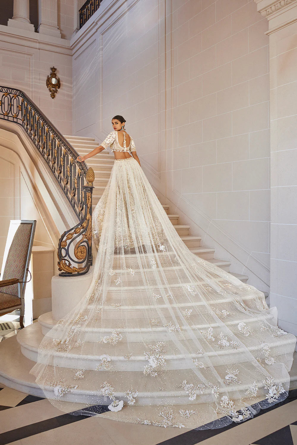 Seema Gujral - Ivory Gold Three-Dimensional Lehenga Set