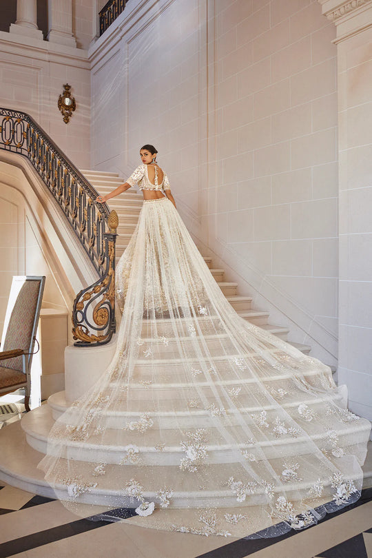 Seema Gujral - Ivory Gold Three-Dimensional Lehenga Set