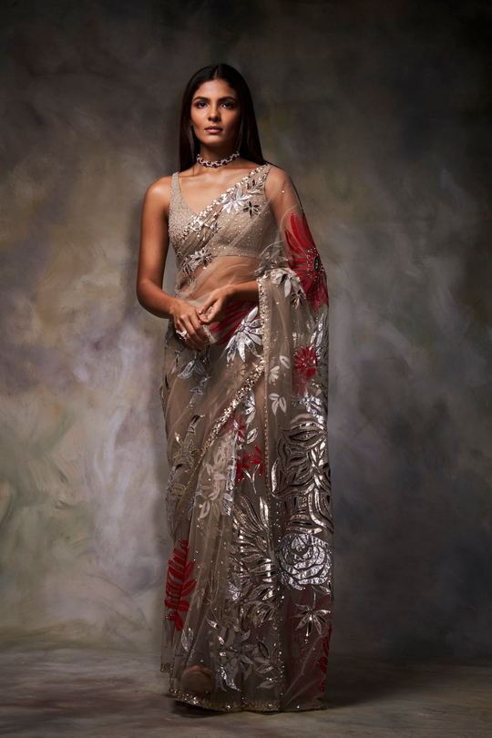 Seema Gujral - Nude Metallic Applique Saree