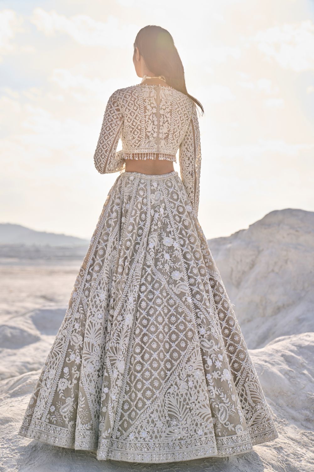 Seema Gujral - Nude Cream Abstract Dori Lehenga Set