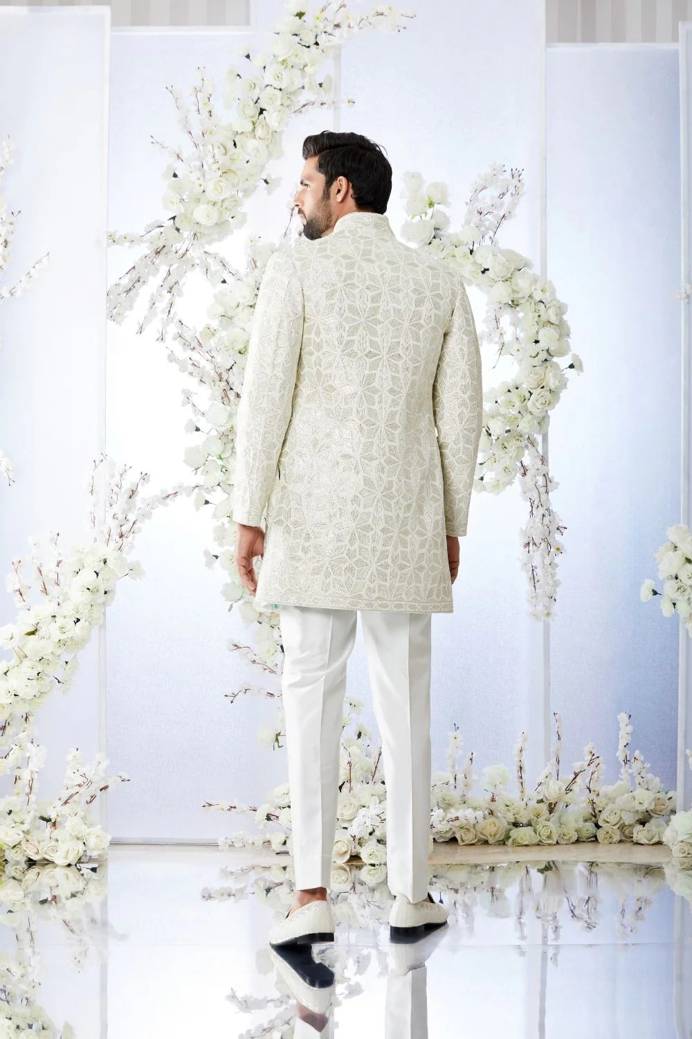 Seema Gujral - Antique Silver Open Short Sherwani Set
