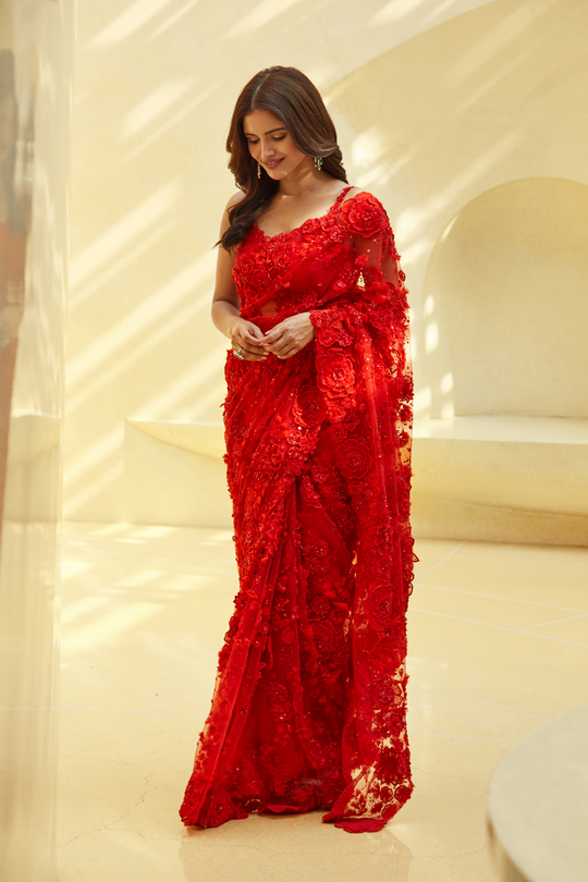 Seema Gujral - Ruby Red Floral Saree