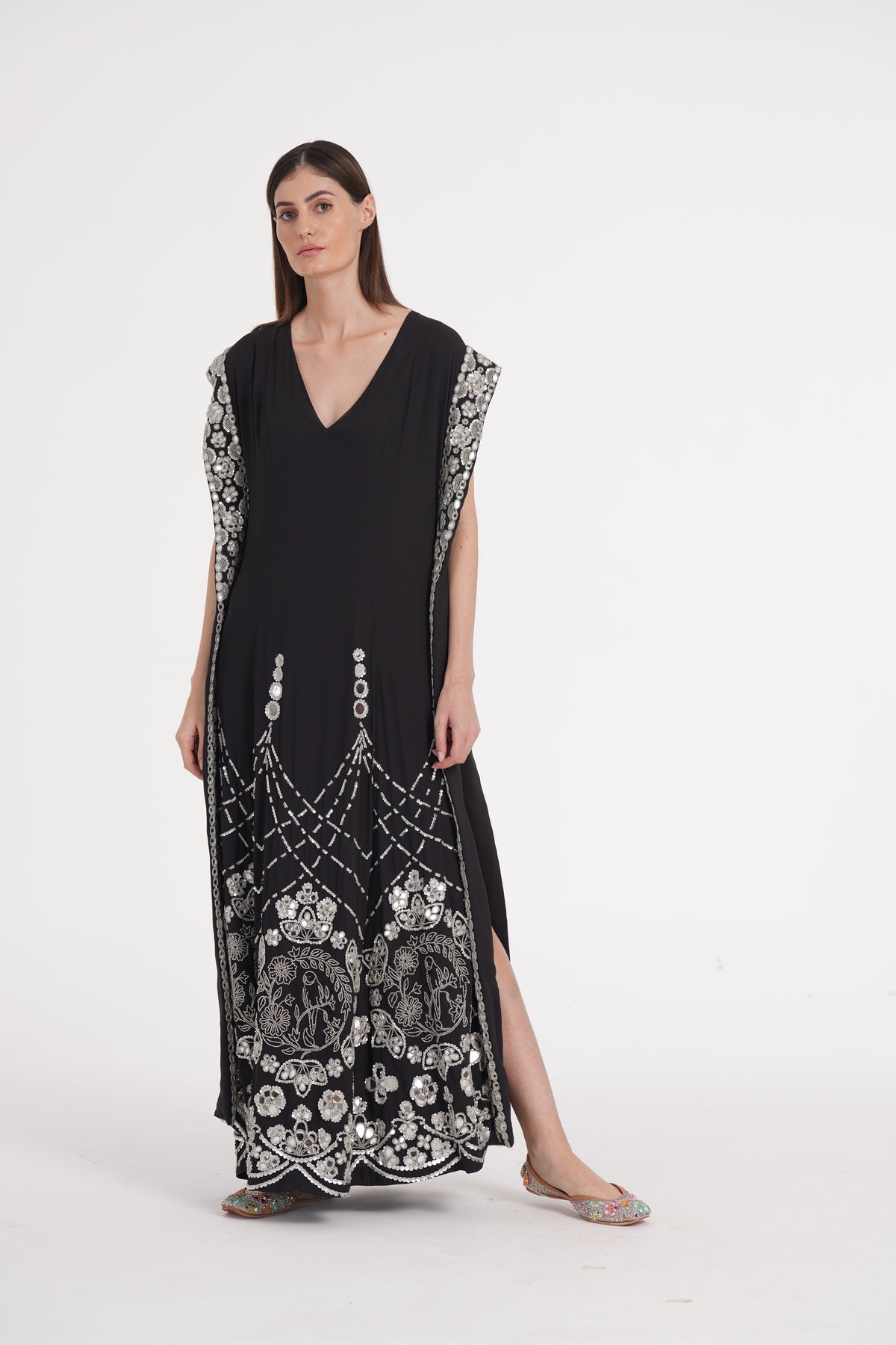 Abhinav Mishra - Charcoal black hand embroidered kaftan