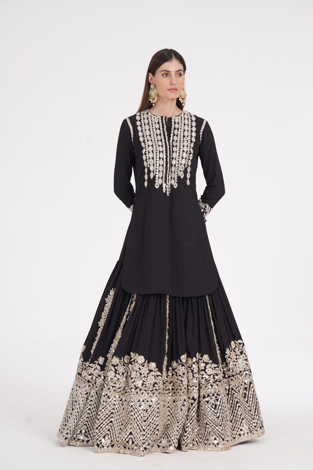 Abhinav Mishra - Carbon black kurti skirt embellished using ivory trims