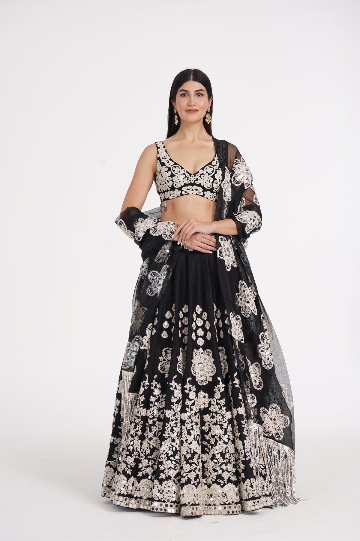 Abhinav Mishra - Jet black lehenga set embellished using ivory details