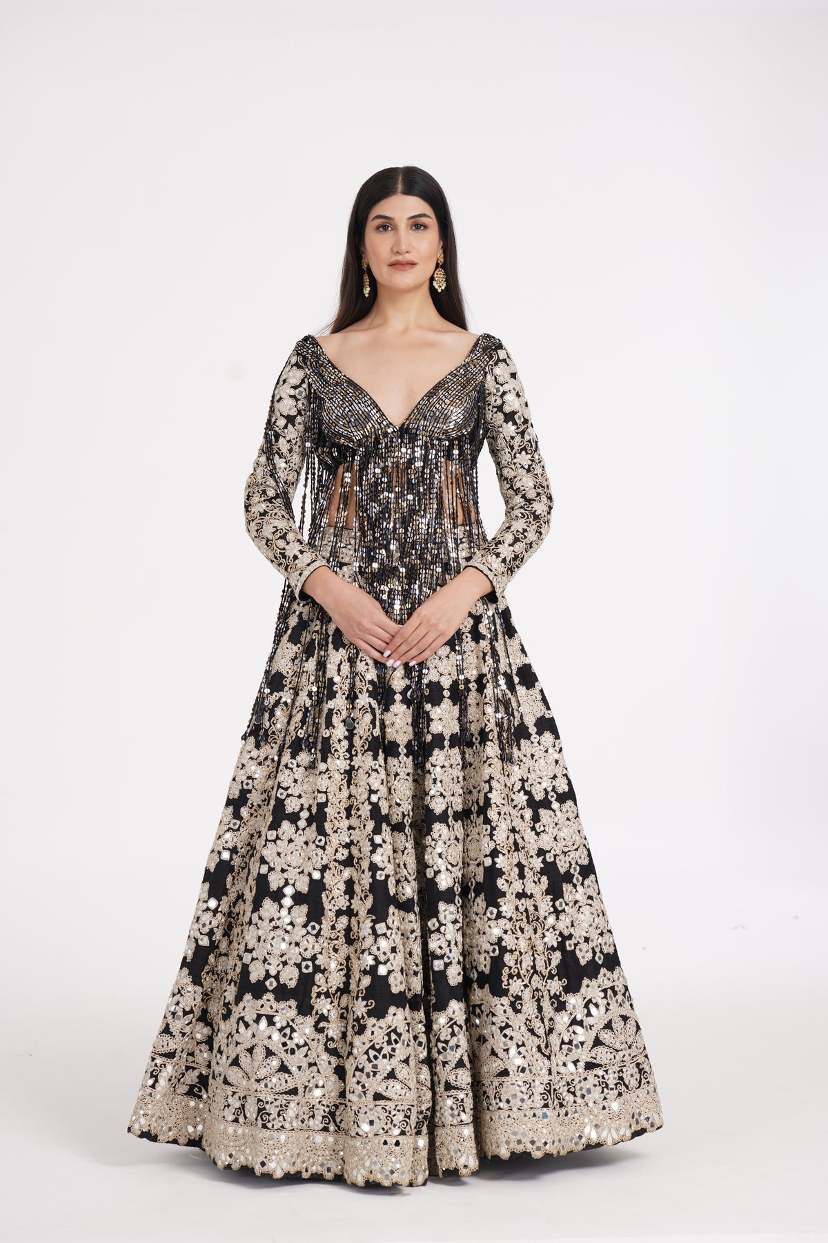 Abhinav Mishra - Jet black lehenga set embellished using ivory details