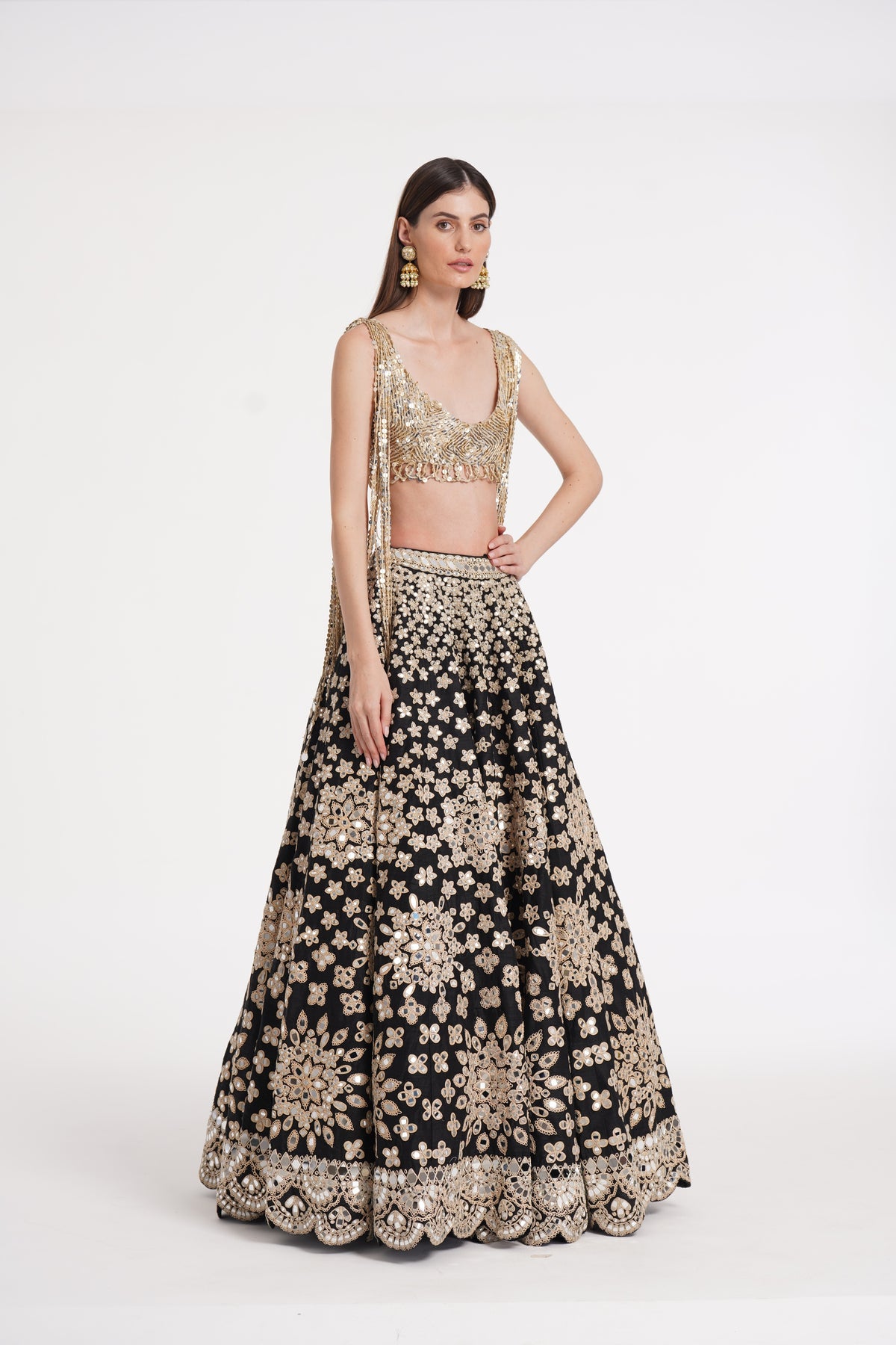 Abhinav Mishra - Matte black fringes blouse skirt set