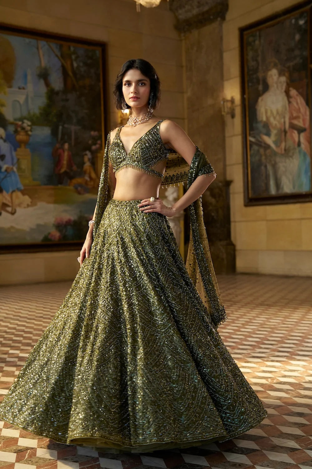 Seema Gujral - Moss Green Sequin Lehenga Set