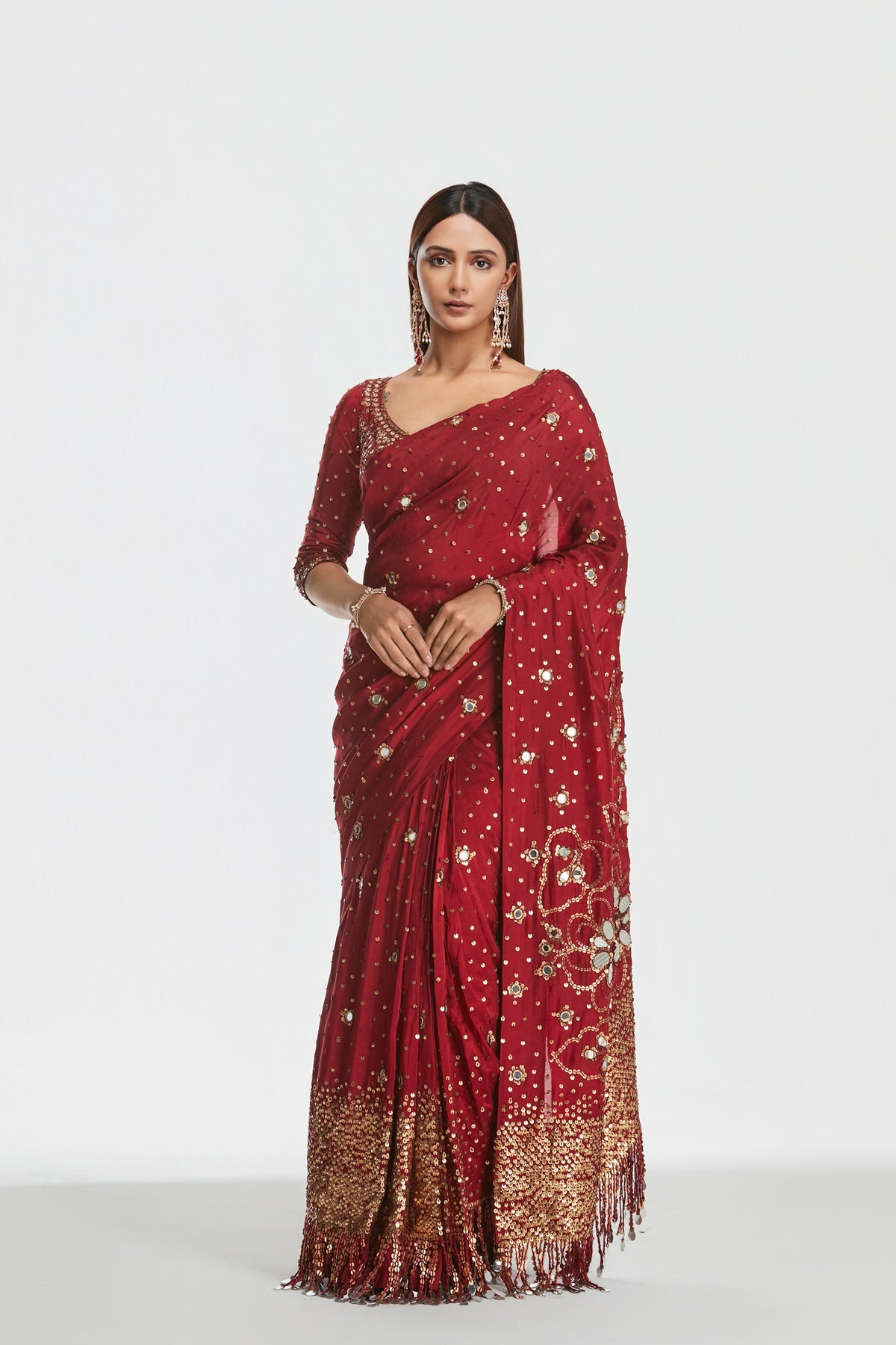 Abhinav Mishra - Shrine Vintage Red Saree Set