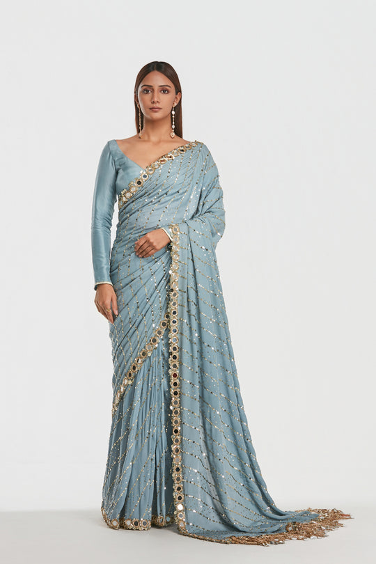 Abhinav Mishra - Shrine Alice Blue Saree Set