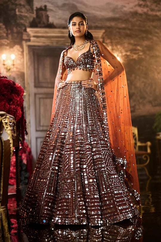 Seema Gujral - Copper Brown Mirror Work Lehenga Set