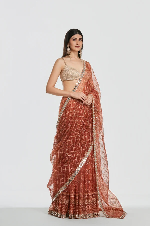 Abhinav Mishra - Shrine Burnt Orange Saree Set