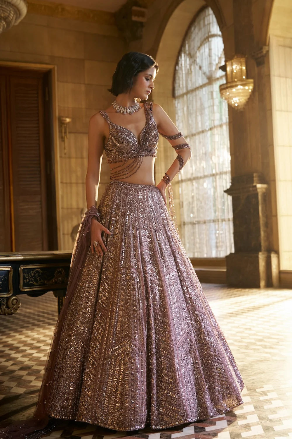 Seema Gujral - Dusty Mauve Sequin Lehenga Set