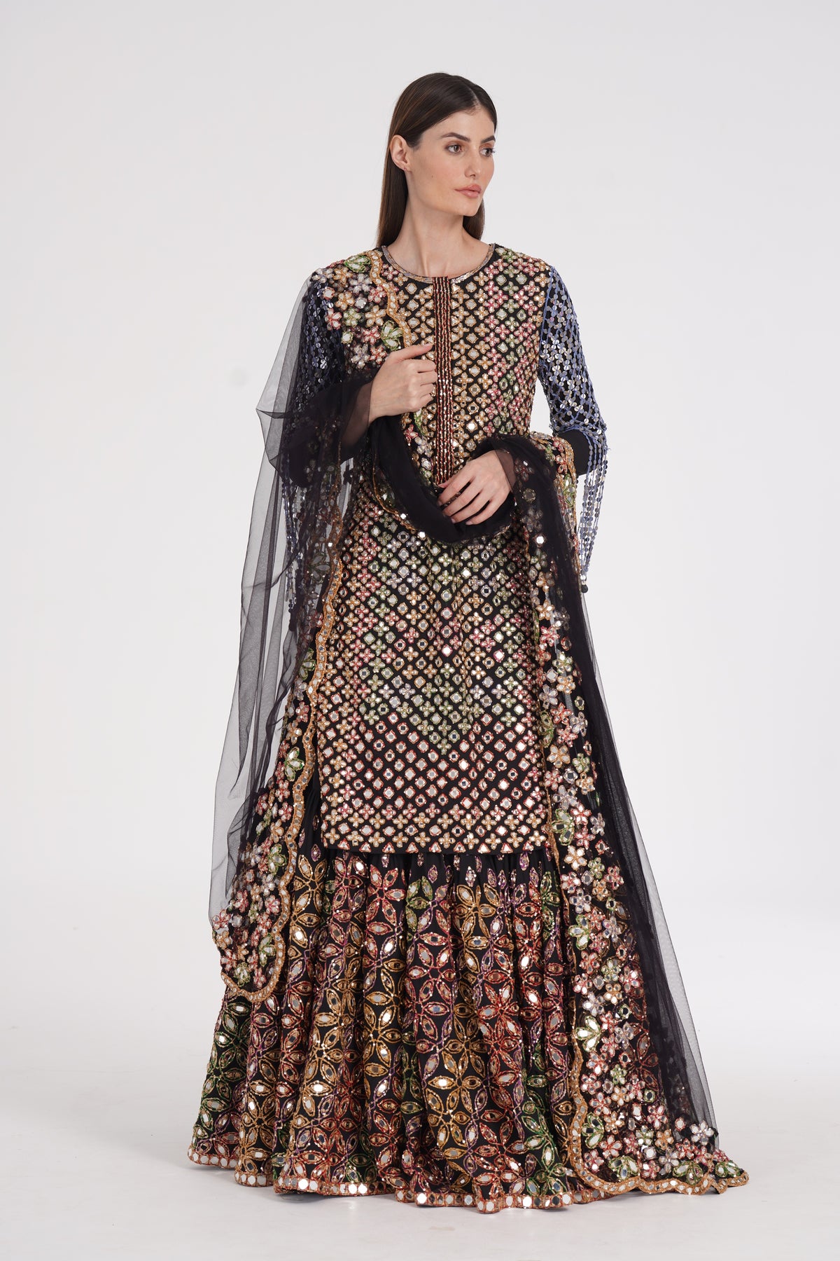 Abhinav Mishra - Matte Black Kurta Skirt Set Embroidered Using Warm Pastels