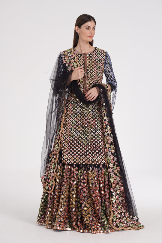 Abhinav Mishra - Matte Black Kurta Skirt Set Embroidered Using Warm Pastels