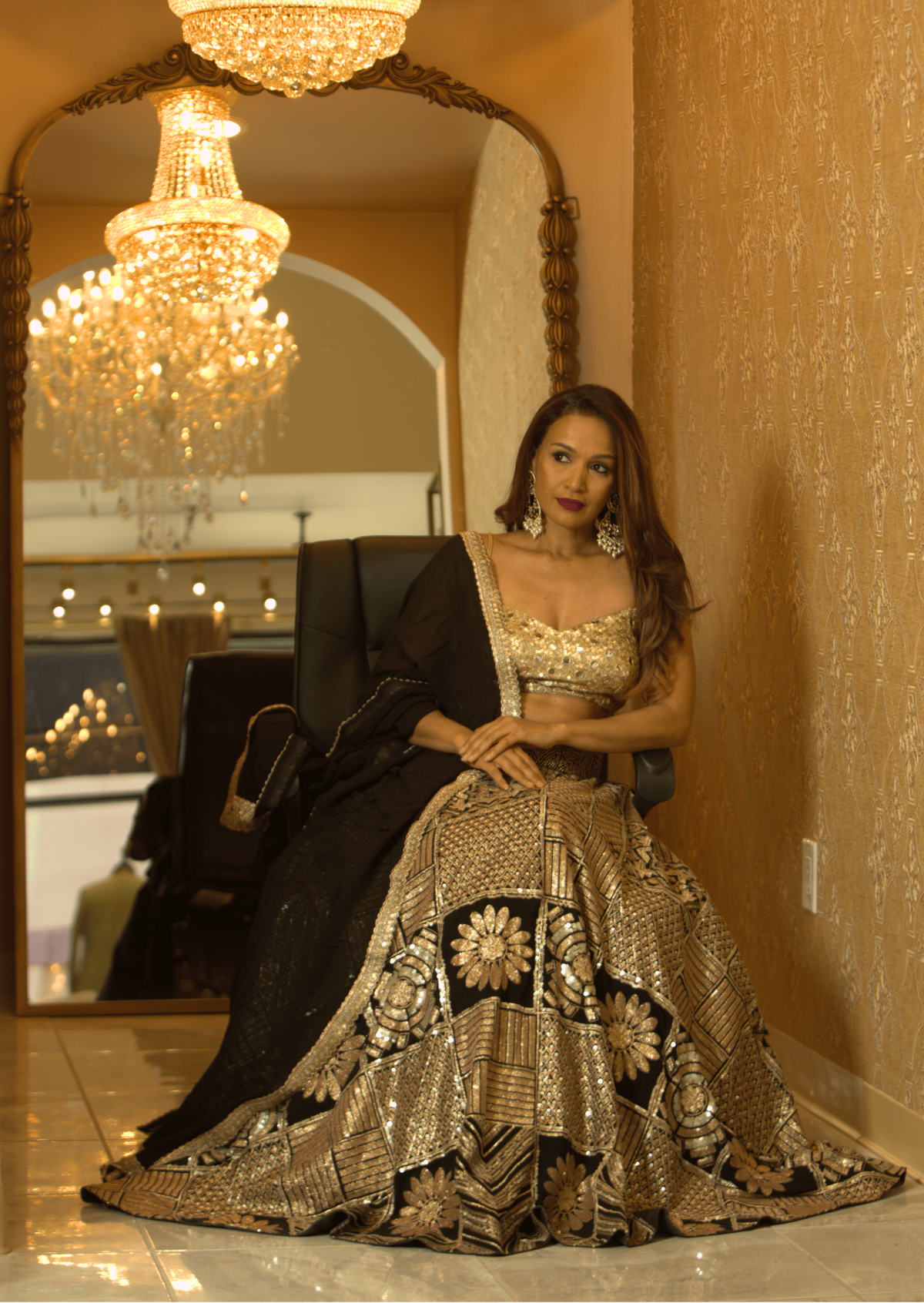 Gold Sequined Choli &amp; Geometric Print Silk Lehenga Set