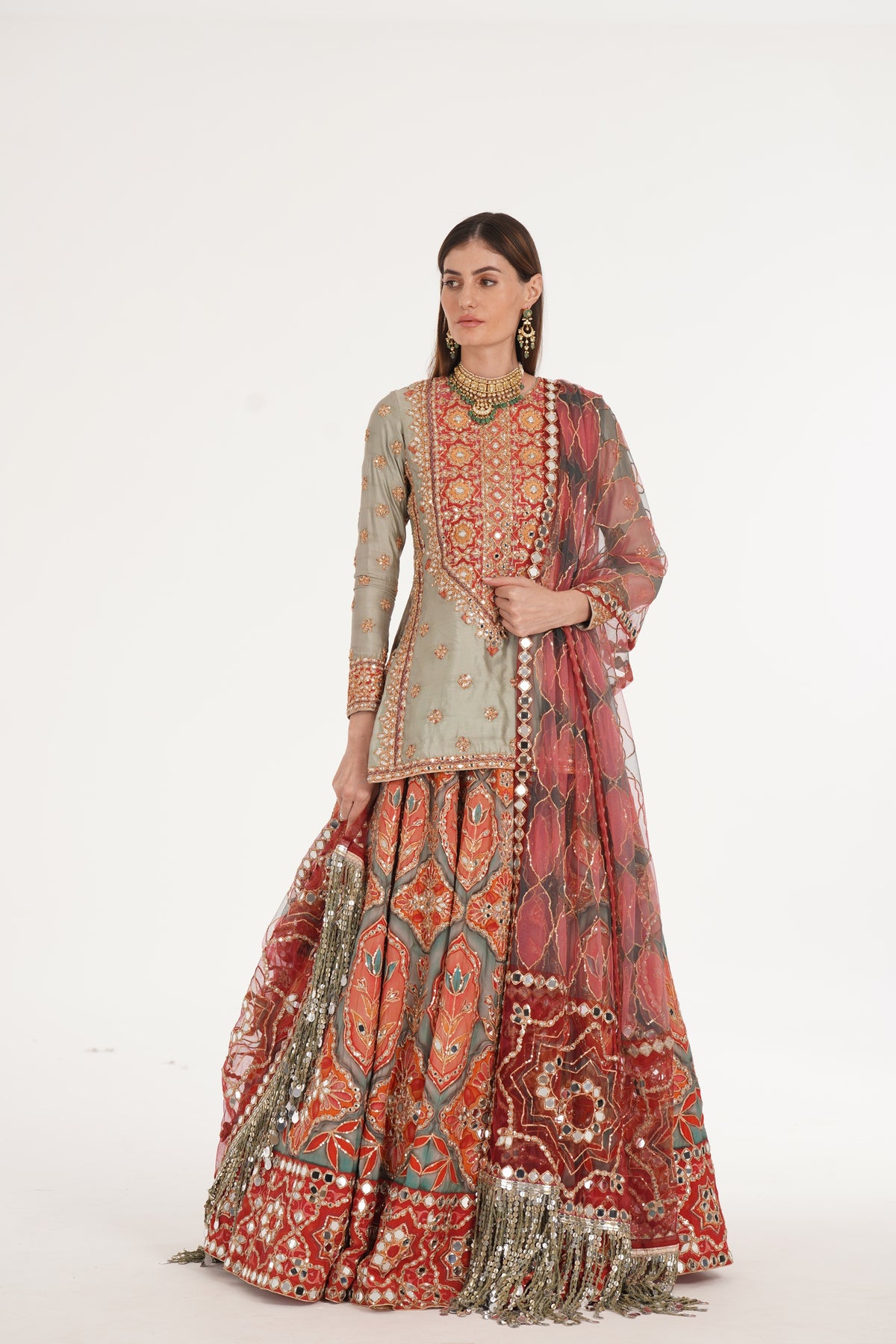 Abhinav Mishra - Ruby Forest Smoke Lehenga Set