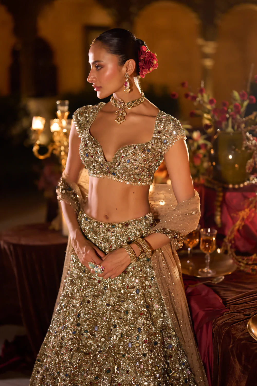 Seema Gujral - Antique Gold Jeweled Lehenga Set