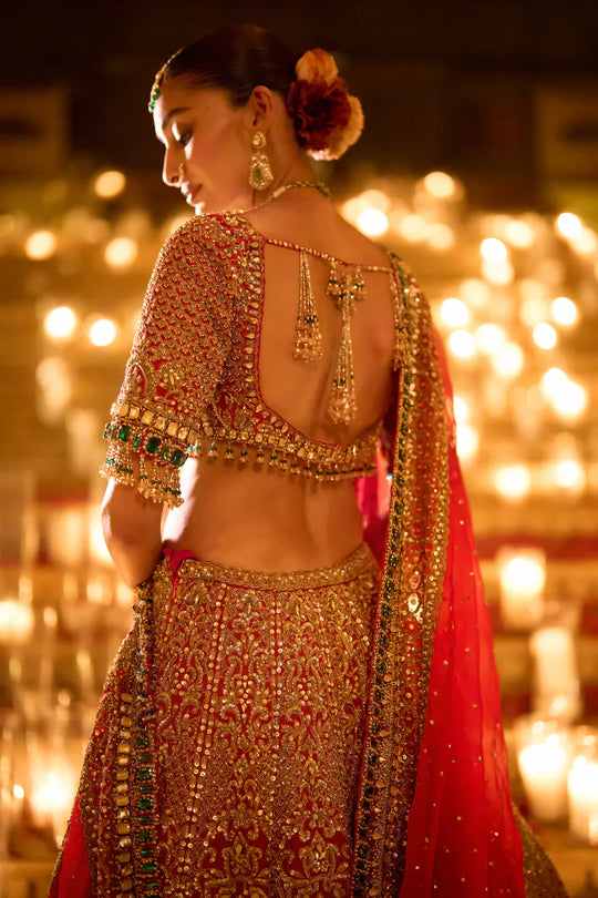 Seema Gujral - Red &amp; Emerald Zardosi Lehenga Set