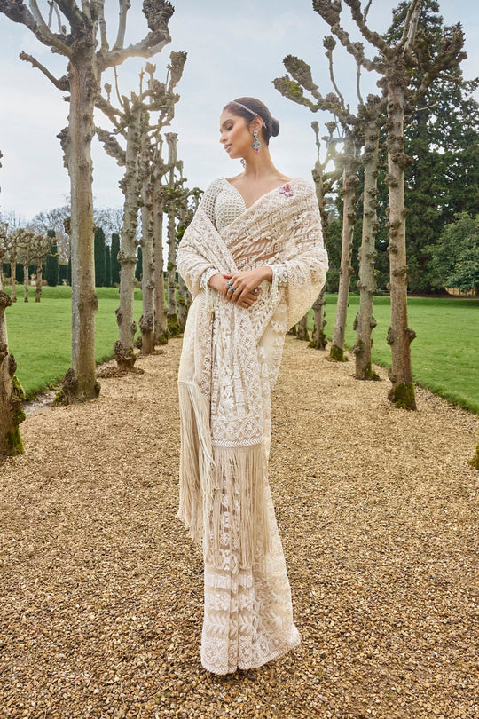 Seema Gujral - Nude Cream Stripe Saree