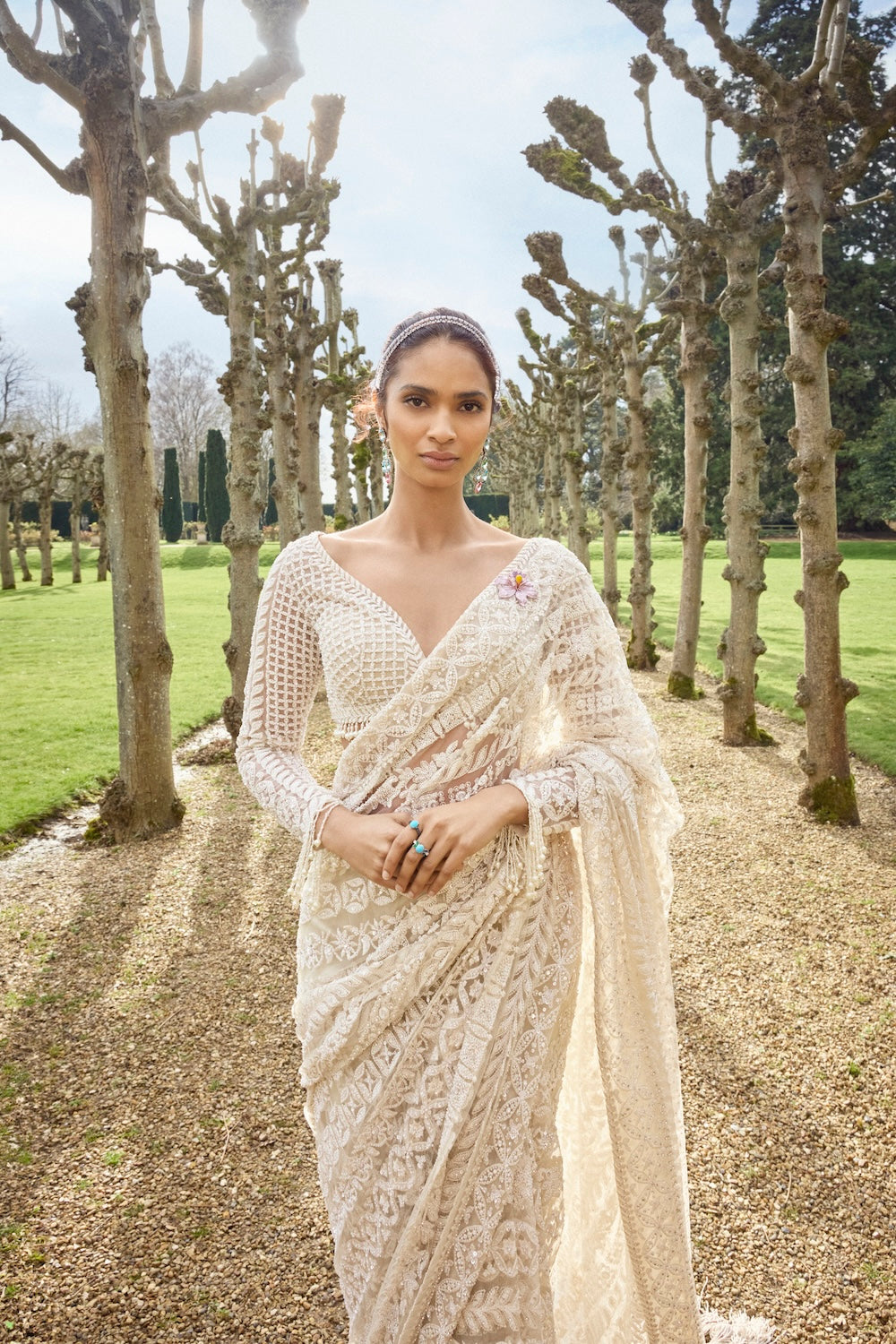 Seema Gujral - Nude Cream Stripe Saree