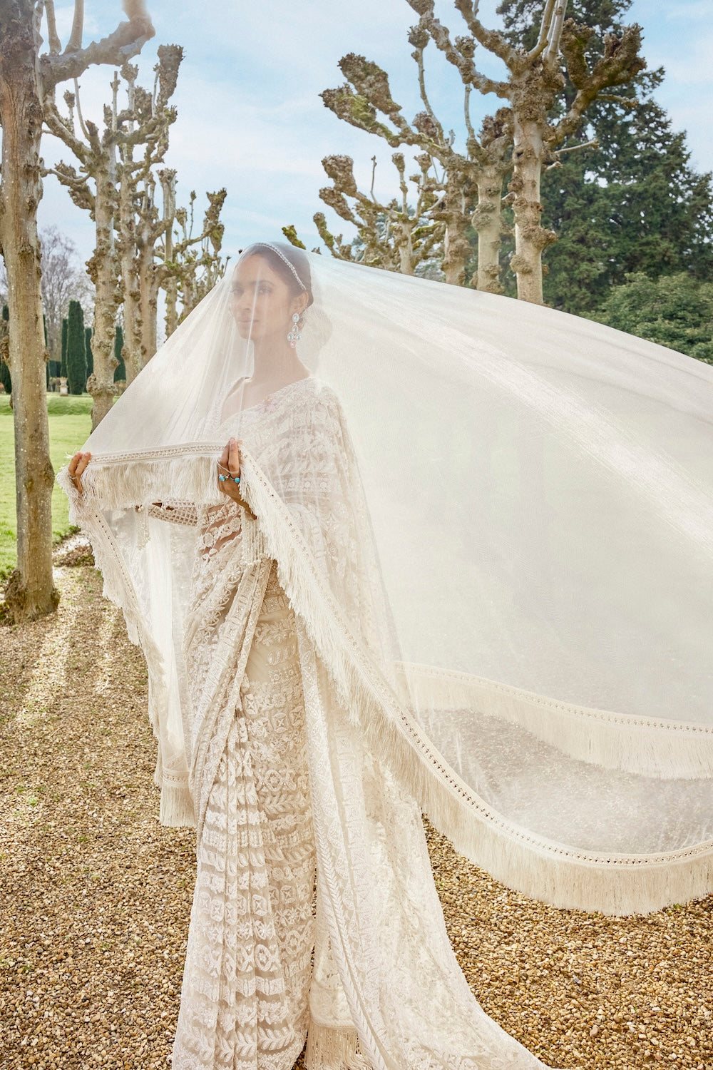Seema Gujral - Nude Cream Stripe Saree