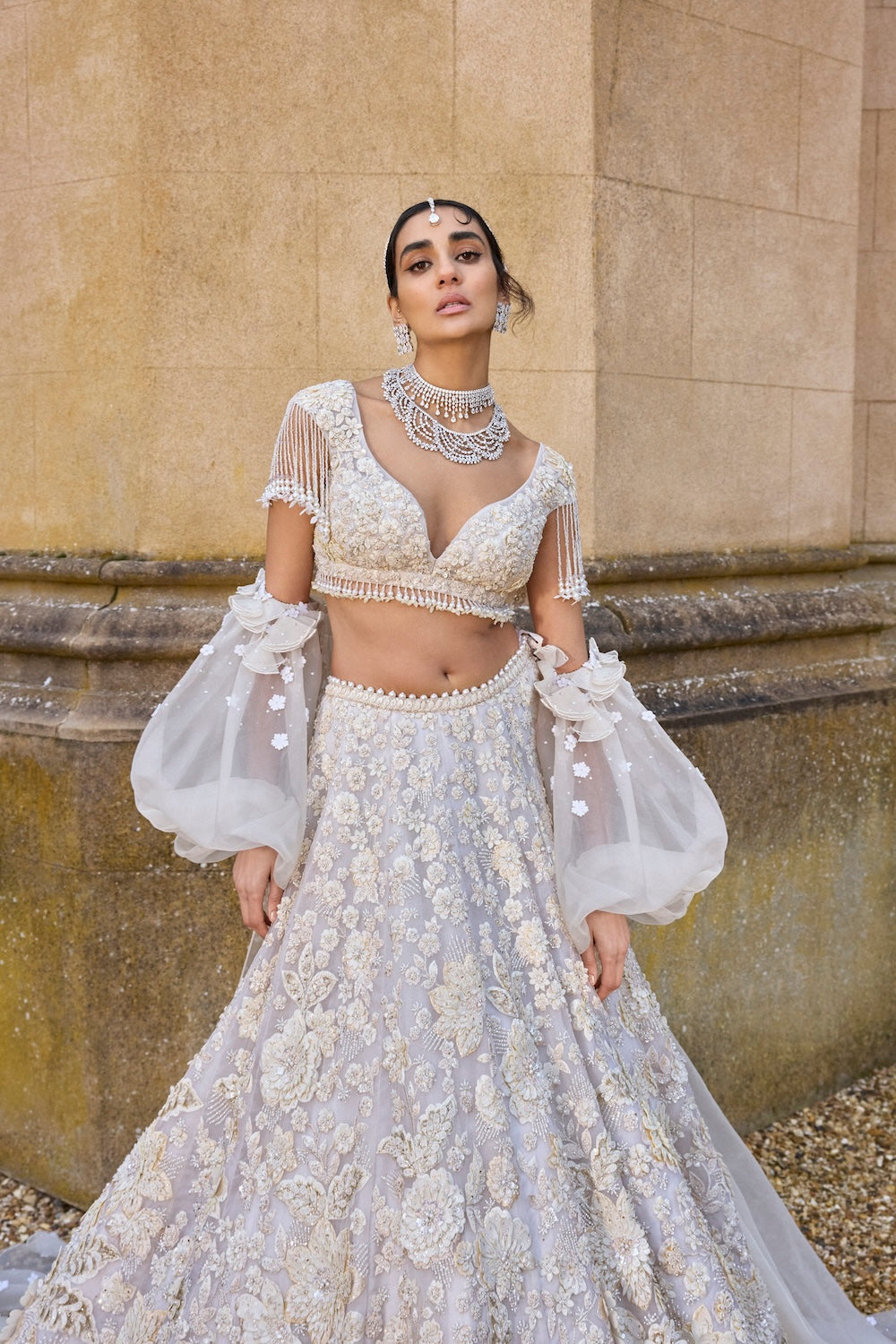 Seema Gujral - Ivory Three-Dimensional Lehenga Set
