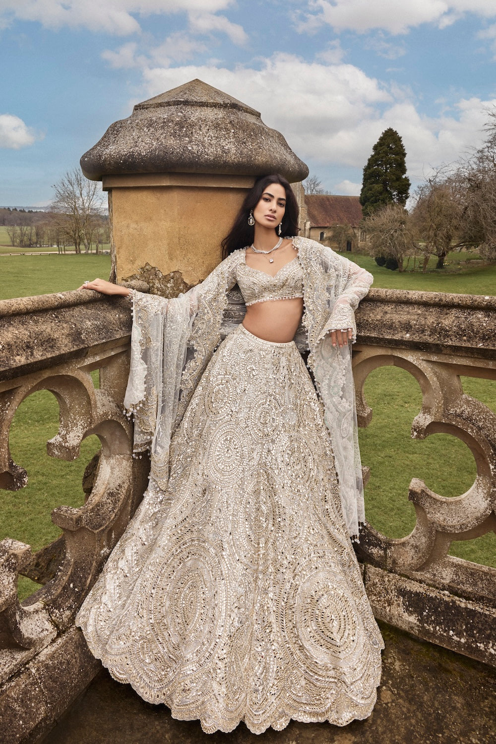 Seema Gujral - Cream Gold Mirror Lehenga Set