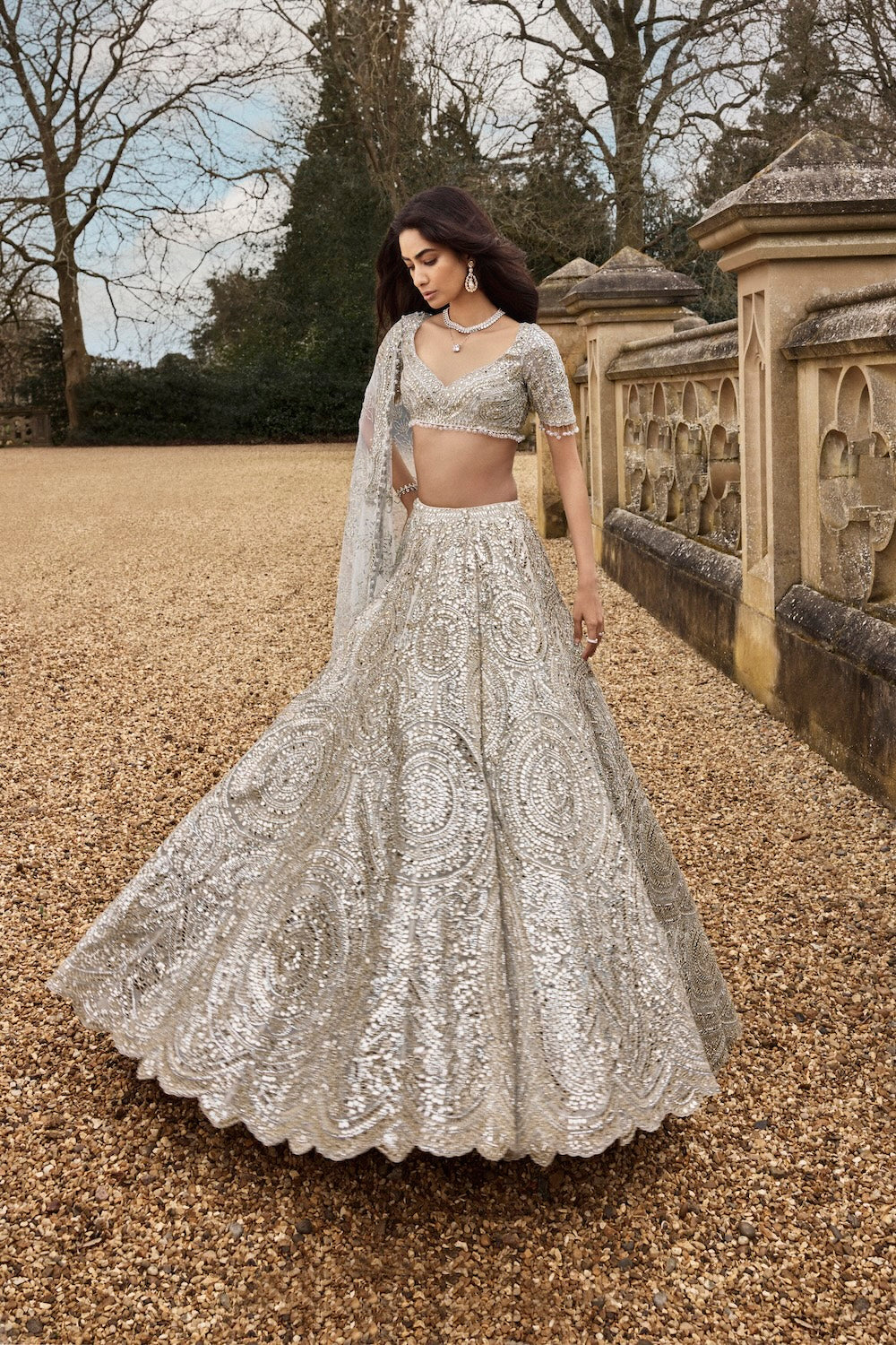 Seema Gujral - Cream Gold Mirror Lehenga Set