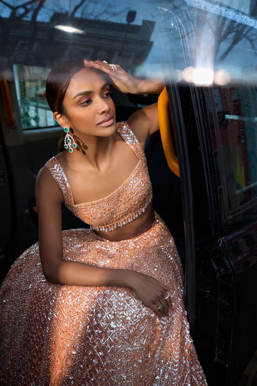 Peach Colour Gown With Jewellery Matching Jewellery For Peach