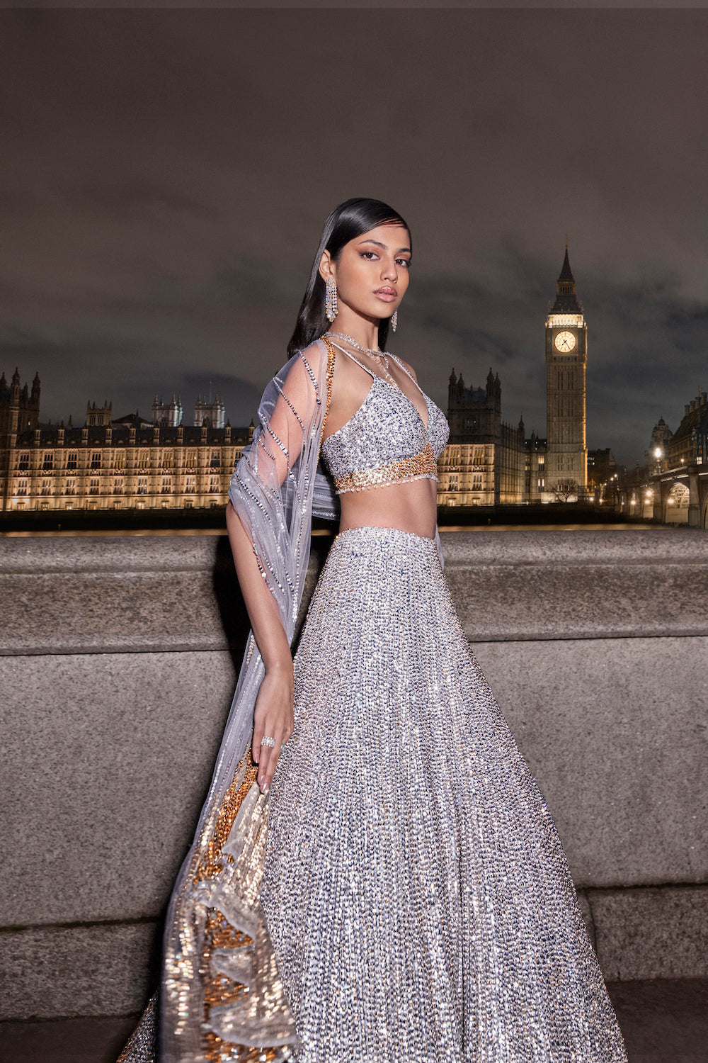 Seema Gujral - Silver Gold Sequin Lehenga Set