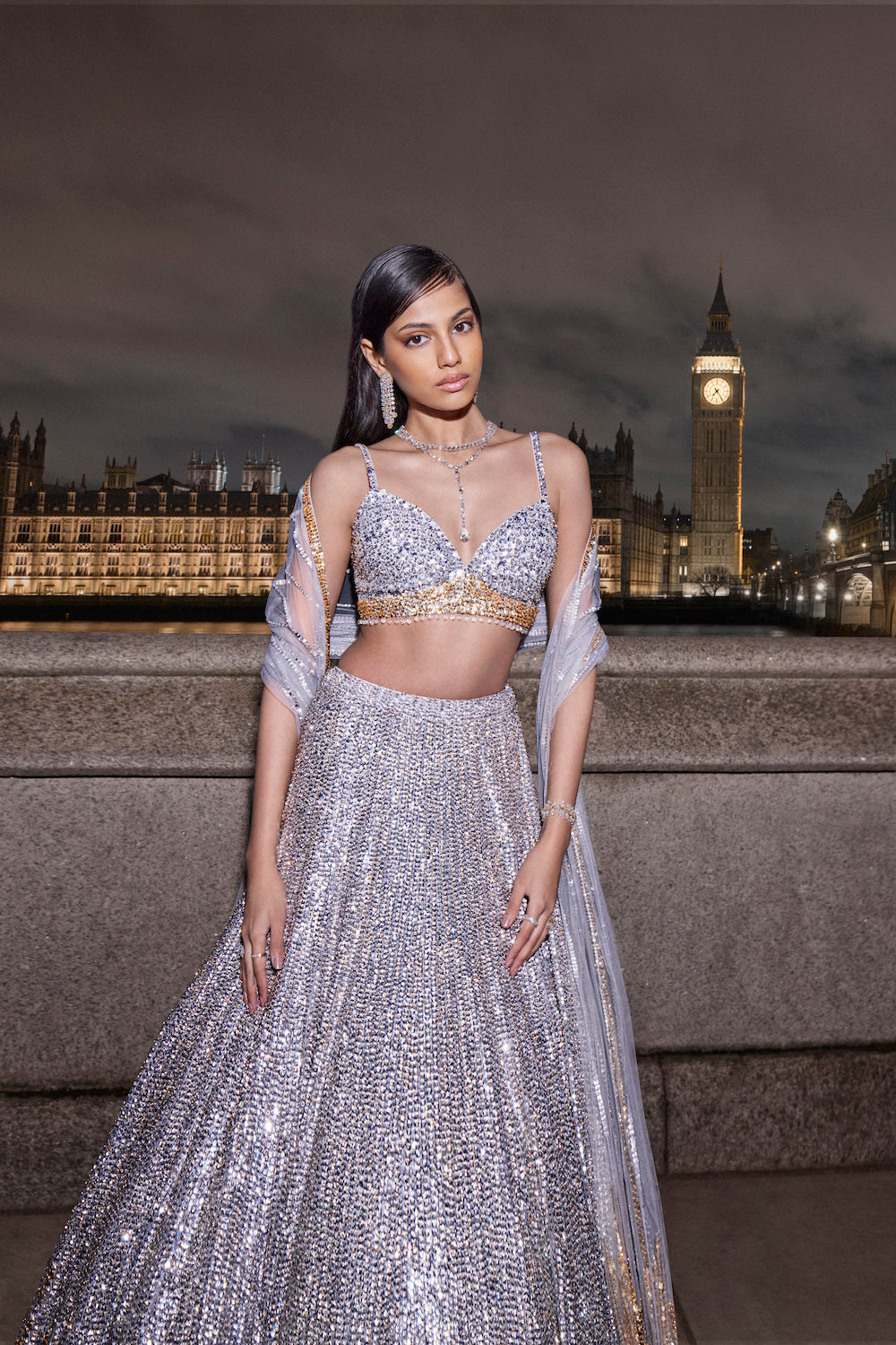 Seema Gujral - Silver Gold Sequin Lehenga Set