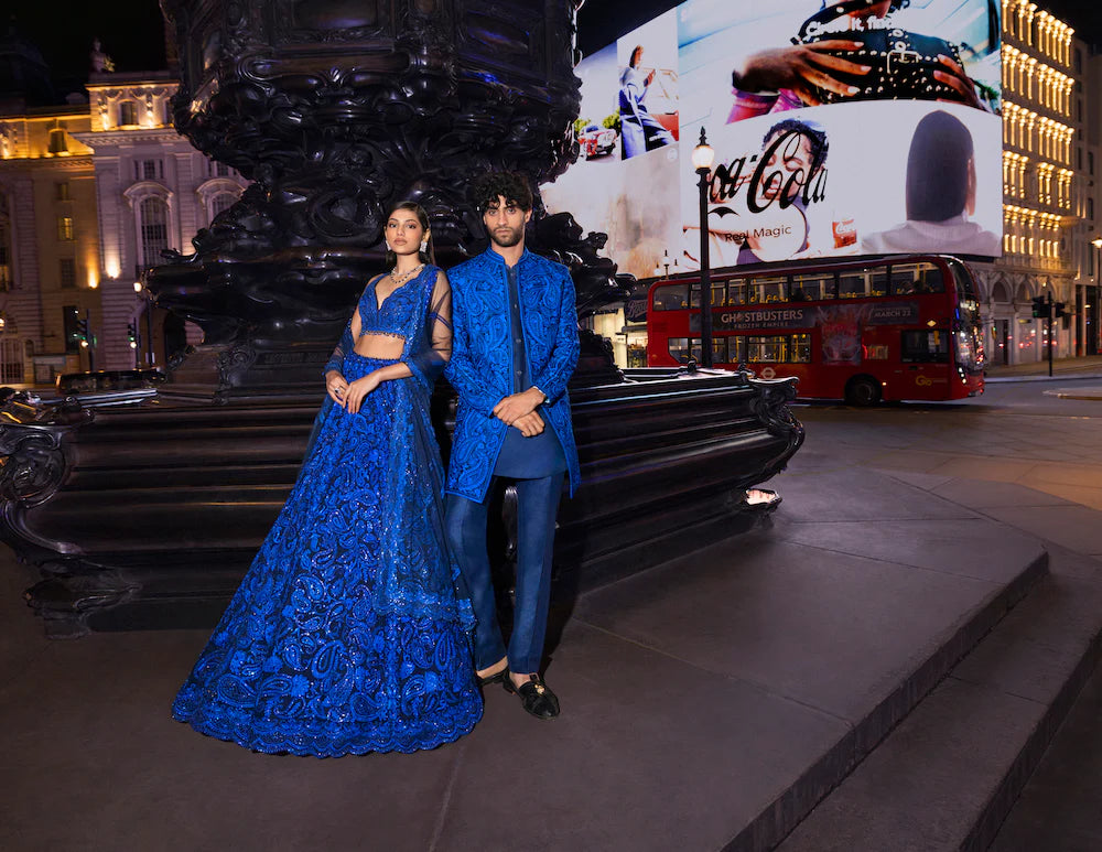 Seema Gujral - Blue Thread Work Sherwani Set